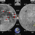 Overzichtkaarten van de voor- en achterkant van de maan, met de landingsplaatsen van de   Chang’e-6 en diens voorganger Chang’e-5. © Yuqi Qian
