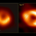 De zwarte gaten M87* en Sgr A* naast elkaar in gepolariseerd licht. De schaal geeft hun schijnbare grootte aan, uitgedrukt in microboogseconden.  © EHT Collaboration