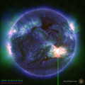Deze zonnevlam (het helderrode gebied rechtsonder) speelde zich af op de avond van 9 mei 2024. © NASA/SDO