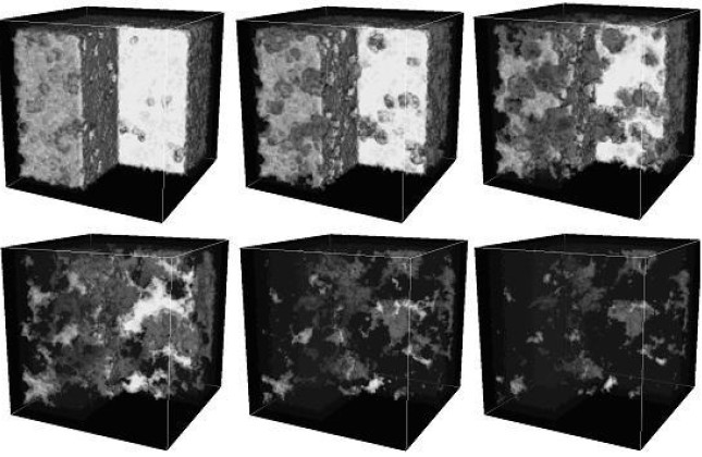 Visualisatie van een van de reïonisatie-simulaties uit het promotie onderzoek van Jelle Ritzerveld. Fotonen, uitgezonden door de eerste sterren, zorgen ervoor dat het neutrale waterstof (wit en ondoorzichtig) wordt geïoniseerd (zwart en doorzichtig). Na