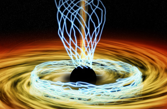 In deze artistieke impressie is het zwarte gat in het centrum van de Melkweg omgeven door een hete schijf accretieschijf. Blauwe lijnen traceren magneetvelden. De Event Horizon Telescope heeft deze magneetvelden voor het eerst gemeten. De lijnen in de sch