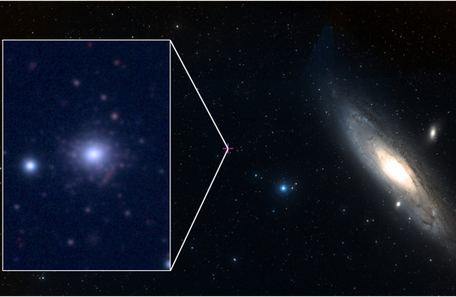 De Andromedanevel met de metaalarme bolvormige sterrenhoop RBC EXT8. (c) ESASky en CFHT