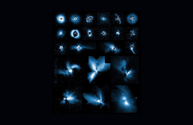 Leiden student Sam de Regt, while cleaning up an archive, discovered two new images of stellar cocoons: YLW 16A and Elia 2-21 (bottom left and bottom centre). (c) ESO/VLT/NACO, De Regt et al.