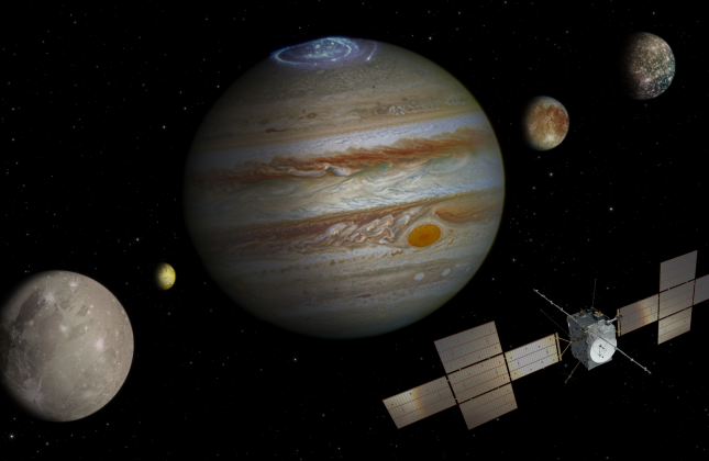 (c) ESA/ATG medialab; Jupiter: NASA/ESA/J. Nichols (University of Leicester); Ganymede: NASA/JPL; Io: NASA/JPL/University of Arizona; Callisto and Europa: NASA/JPL/DLR
