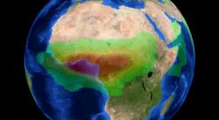 Projectie van koolmonoxide-waarnemingen van SCIAMACHY op de Google Earth aardbol laat zien dat vooral boven Centraal-Afrika de concentraties hoog zijn (Bron: SRON)