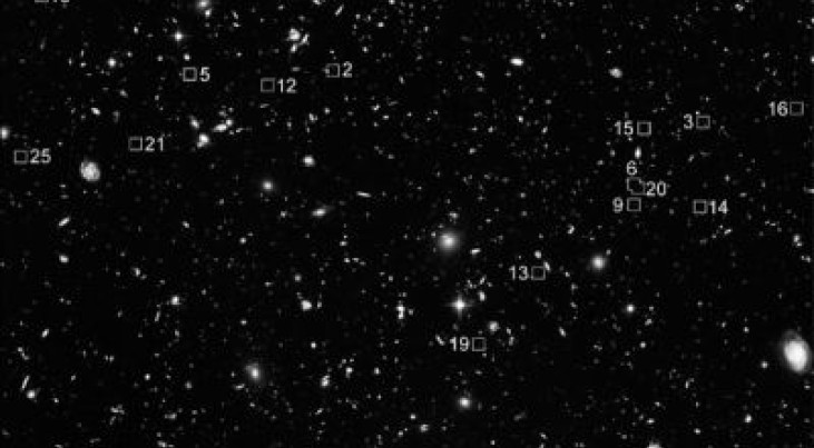 Een opname door de hubble-telescoop. De cijfers geven 28 van de 506 ontdekte jonge sterrenstelsels aan. Deze zijn twaalf en een half miljard lichtjaar van de aarde verwijderd.
Foto: sterrewacht leiden Foto: Sterrewacht leiden