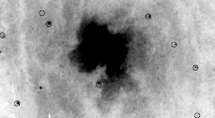 Detail-opname (in negatief) van de kern van M51. De blauwe reuzensterren zijn omcirkeld.
Foto Hubble Space Telecope