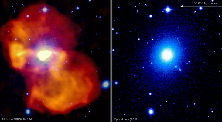 De kleurenfoto's tonen sterrenstelsel M87. De wit/ blauwe regio is optisch licht (Bron: SDSS); de radiostraling is te zien in geel/oranje (LOFAR). In het midden is de radiostraling heel fel; het geeft aan waar de stroom, die veroorzaakt wordt door het zwa