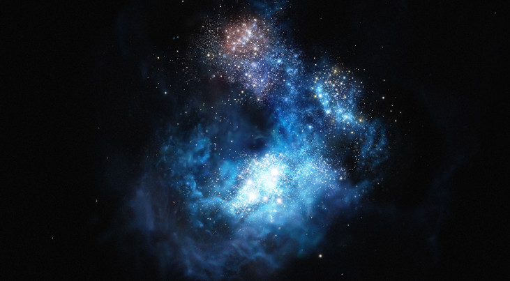 Artist’s impression van CR7: het helderste sterrenstelsel in het vroege heelal Credit: ESO/M. Kornmesser