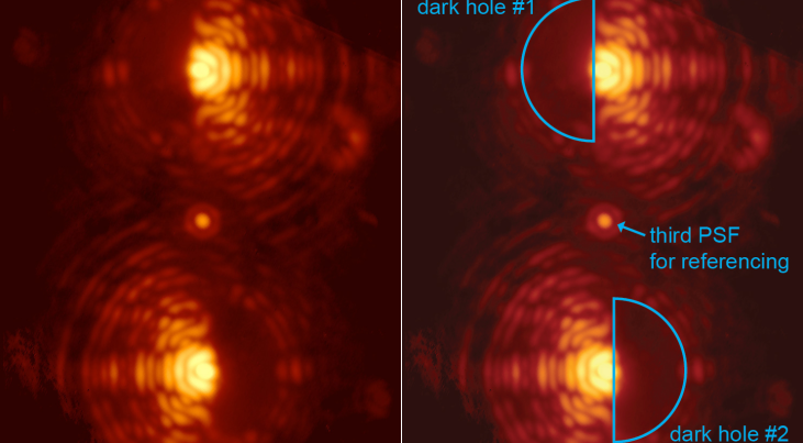 (Click on the image for full picture) Double image of the star Eta Crucis taken through the vector-APP coronagraph installed at MagAO. The two main images of the star exhibit D-shaped dark holes on complementary sides. Coronagraphic phase pattern designed
