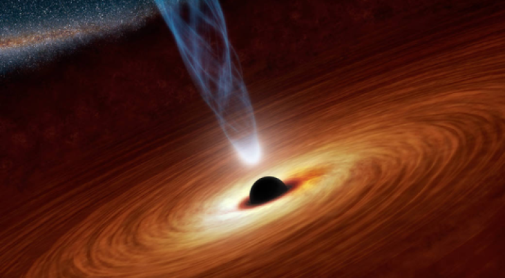 Een 'artist's impression' van een zwart gat dat gas verzamelt en een jet van hoog-energetische deeltjes produceert.   Credit:  NASA
