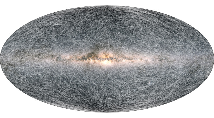 Deze afbeelding toont van 40.000 sterren in onze Melkweg hoe snel ze bewegen in 400.000 jaar. De afbeelding is gemaakt met gegevens van de Europese ruimtetelescoop Gaia. (c) ESA/Gaia/DPAC [CC BY-SA 3.0 IGO]