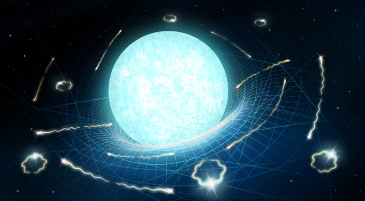 Artistieke weergave van een neutronenster die heel langzaam 'verdampt' als gevolg van Hawking-achtige straling. (c) Daniëlle Futselaar/artsource.nl