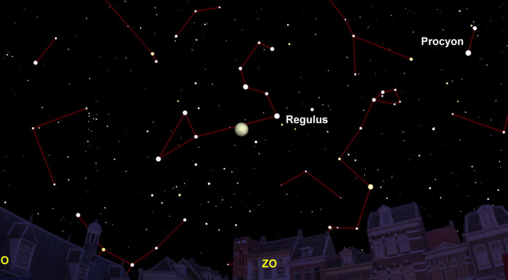 8 maart: Regulus rechtsboven maan