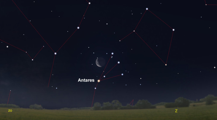6 februari: Antares (Schorpioen) dicht bij maan (ochtend)