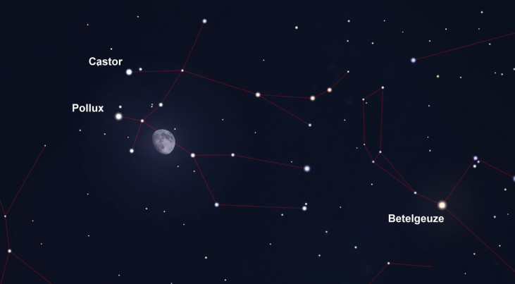 23 februari: Castor en Pollux (Tweelingen) linksboven maan