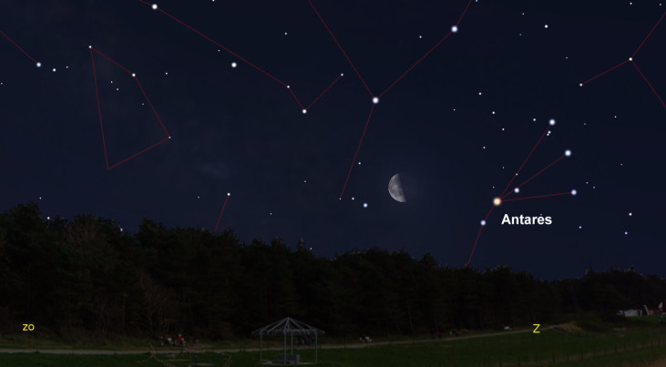 6 maart: Antares (Schorpioen) rechts van halve maan