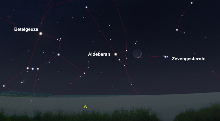 15 april: Maan tussen Aldebaran en Zevengesternte (avond)
