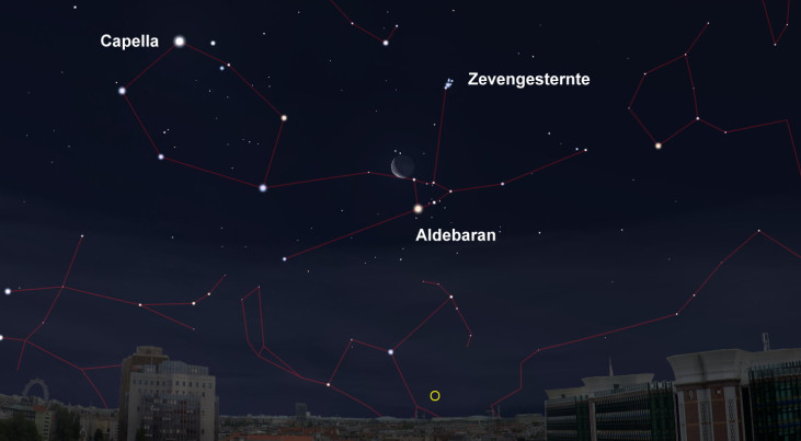3 augustus: Aldebaran (Stier) onder maan (ochtend)