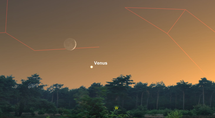 11 augustus: Venus rechtsonder maansikkel (avond)