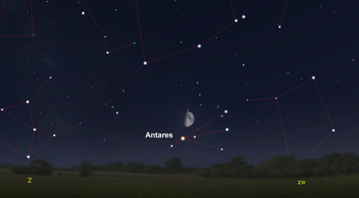 16 augustus: Antares (Schorpioen) onder maan (avond)