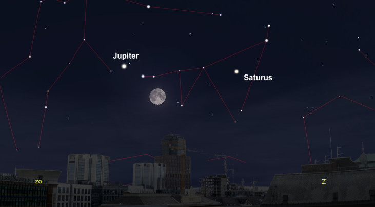 21 augustus: Jupiter linksboven maan (avond)