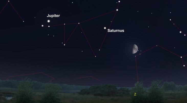13 oktober: Saturnus linksboven maan (avond)