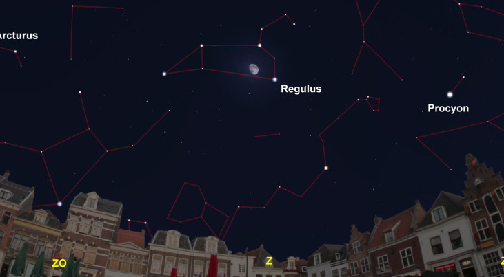 12 april: Regulus (Leeuw) rechtsonder maan