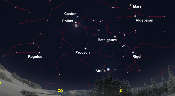 3 februari: Pollux en Castor boven maan