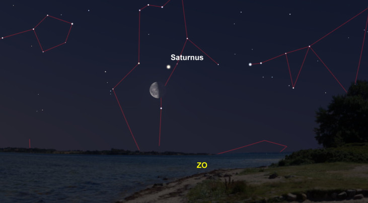 10 juni: Saturnus rechtsboven halve maan
