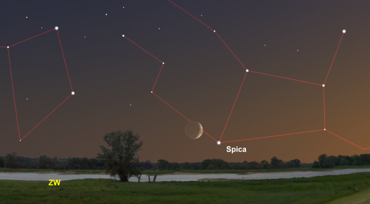 21 augustus: Spica (Maagd) rechtsonder maan