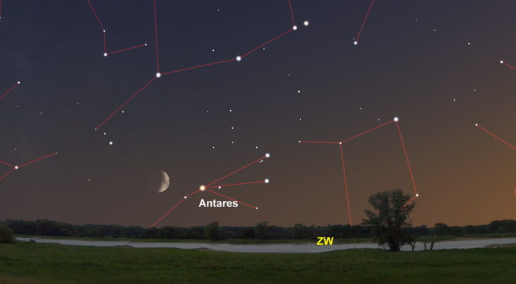 21 september: Antares (Schorpioen) rechts van maan