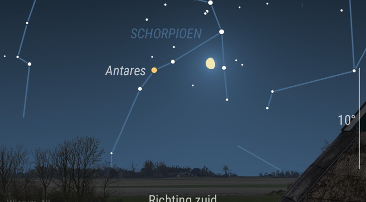 30 maart: Antares (Schorpioen) links van maan