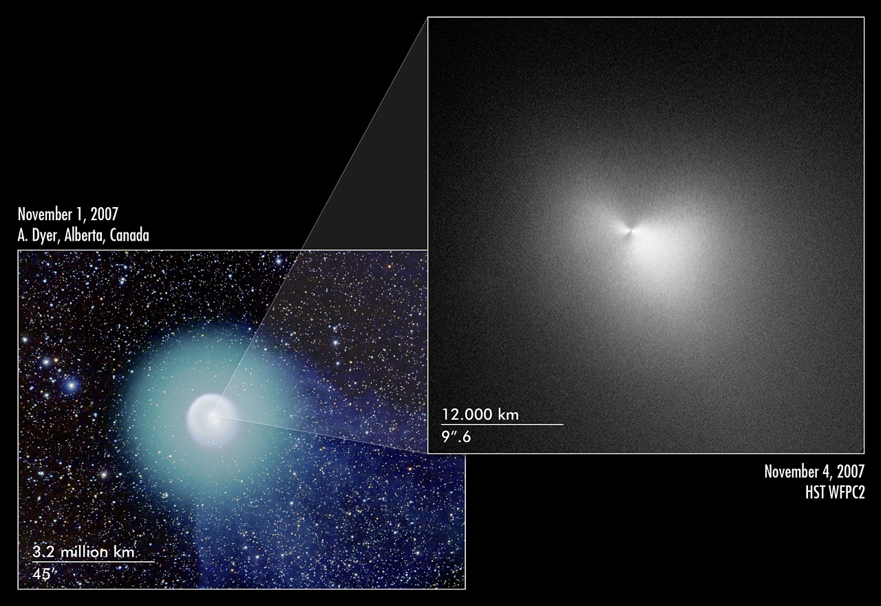 Hubble-foto van de kern van komeet Holmes (rechts); de linkeropname toont de symmetrische coma van de komeet.