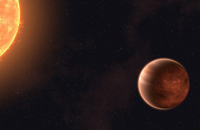 Een artistieke impressie van exoplaneet WASP-43b die dicht om zijn moederster draait. (c) T. Müller/MPIA/HdA