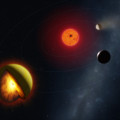 Impressie van het planetensysteem van L 98-59 d, met een doorsnede van de planeet. (c) Mark A. Garlick / markgarlick.com 