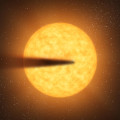 Artistieke impressie van een komeetachtige staart van een mogelijke, uiteenvallende kandidaat-planeet ter grootte van Mercurius terwijl deze voor zijn moederster langs beweegt.  Credit: NASA/JPL-Caltech