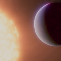 Artist’s impression van exoplaneet 55 Cancri – ook wel Janssen genoemd – wiens atmosfeer waarschijnlijk uit koolstofdioxide- en koolstofmonoxide-gas bestaat. © NASA, ESA, CSA, Ralf Crawford (STScI)