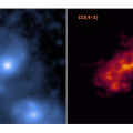 Het verre balkspiraalstelsel J0107a, links gezien door de Webb-telescoop, rechts door ALMA. © NASA/ALMA(ESO/NAOJ/NRAO