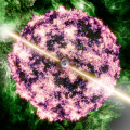 Artist’s impression van gammaflits GRB 221009A, met zijn smalle jets die aan een centraal zwart gat ontspringen, en het uitdijende overblijfsel van de oorspronkelijke ster. © Aaron M. Geller/Northwestern/CIERA/IT Research Computing and Data Services
