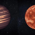 Links: artist’s impression van de lang gekoesterde opvatting dat bruine dwergen qua uiterlijk op Jupiter lijken. Rechts: model van de atmosferische circulatie op super-Jupiter VHS 1256B. © NASA/JPL-Caltech