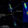De enorme radiojets van het spiraalstelsel J23453268−0449256 strekken zich over zes miljoen lichtjaar uit. © Bagchi and Ray et al/Giant Metrewave Radio Telescope