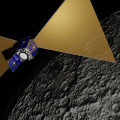 Artists’s impression van de Britse ruimtesonde CosmoCube die naar het zwakke ‘gefluister’ van het vroege heelal moet gaan luisteren. © Nicolo Bernardini (SSTL Ltd) & Kaan Artuc (Universiteit van Cambridge)