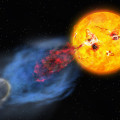 Artistieke weergave van een coronale massa-ejectie van de ster EK Draconis. De hetere en snellere uitbarsting is weergegeven in blauw, de koelere en langzamere uitbarsting in rood. © NAOJ