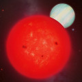 Artist’s impression van de pas ontdekte reuzenplaneet TOI-6894 b en diens kleine moederster © University of Warwick/Mark Garlick