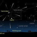 Kaart van de hemel met daarop aangegeven de richting waaruit de meteoren van de Geminiden komen.  © J. Bout