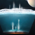 Artist’s impression van de ijsfonteinen op Saturnusmaan Enceladus, gebaseerd op gegevens van de Cassini/Huygens-missie van NASA en ESA. © ESA