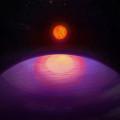 Artist’s impression van de Neptunus-achtige planeet LHS 3154b (voorgrond) bij de rode dwergster LHS 3154.  © Penn State University