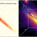 De ALMA-opname (links) toont de verdeling van millimeter-grote deeltjes in de de protoplanetaire schijf Oph163131. De Hubble-opname rechts toont de verdeling van uiterst fijn stof. © ALMA (ESO/NAOJ/NRAO) /Hubble/NASA/ESA /M. Villenave
