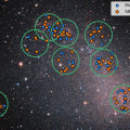 Zware sterren in de Kleine Magelhaense Wolk. Van de onderzochte sterren blijkt zeventig procent (de rode ruitjes) te versnellen en te vertragen. Dit duidt op een partner. © ESO/Sana et al.